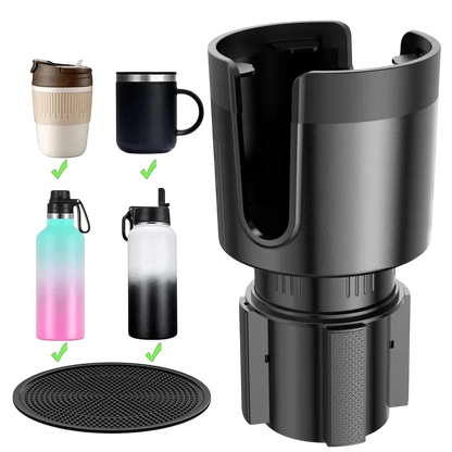 zero2cart adjustable car cup holder extender in black, designed to securely fit various large bottles and tumblers.