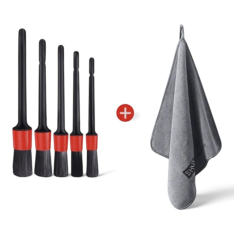 zero2cart car detailing kit featuring five black and red brushes and a grey microfiber drying towel