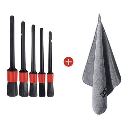 zero2cart car detailing kit featuring five black and red brushes and a grey microfiber drying towel