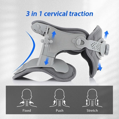zero2cart 3-in-1 cervical traction neck support collar with adjustable height, heat settings, and grey fabric padding.