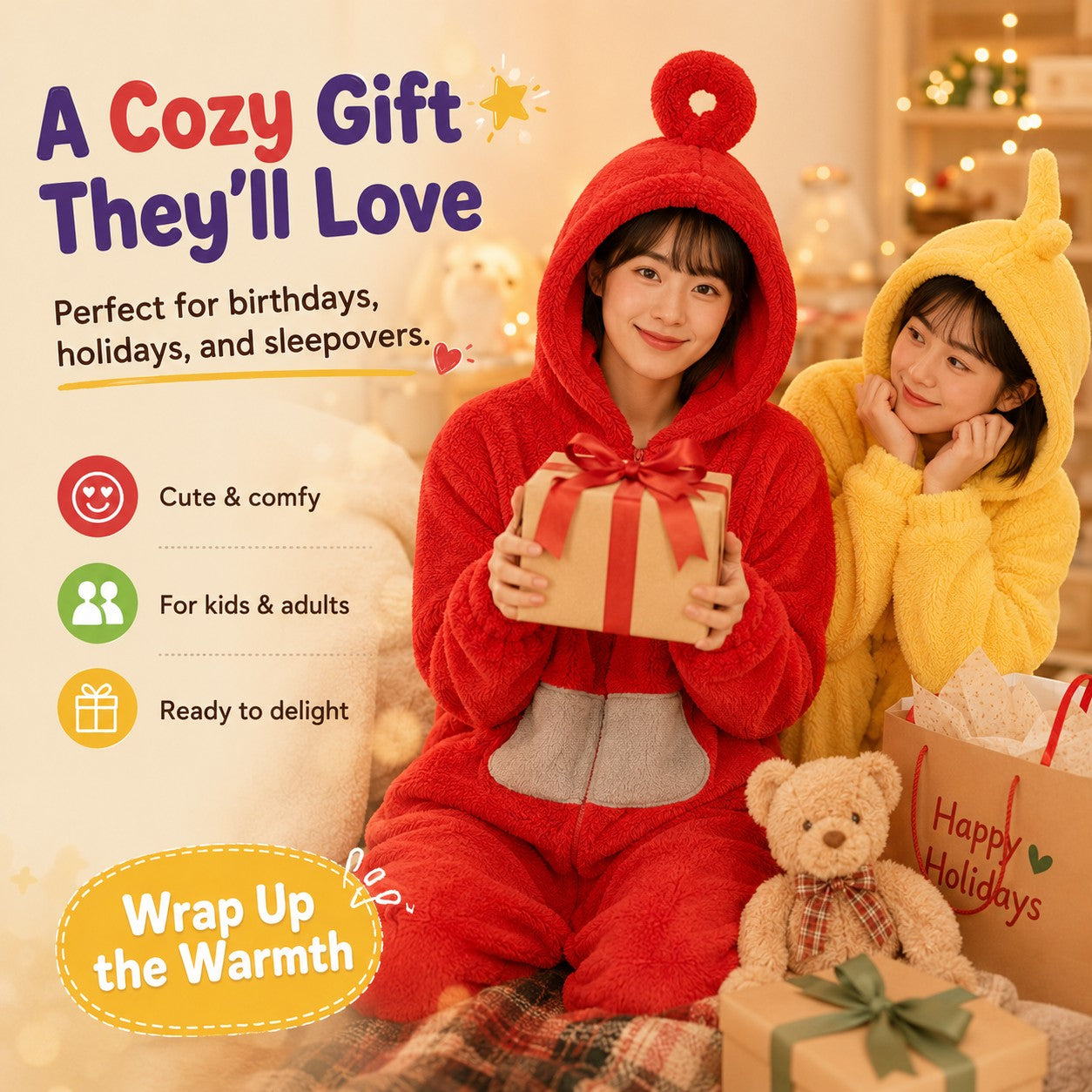Two women wearing zero2cart red and yellow character-inspired hooded onesie pajamas while holding a gift box.
