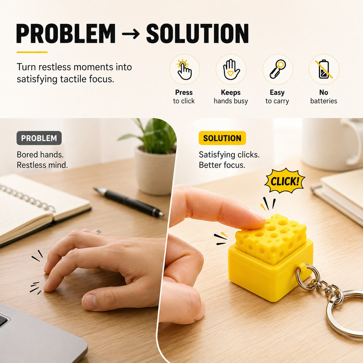 zero2cart cheese fidget clicker keychain being pressed by a finger on a wooden desk for stress relief