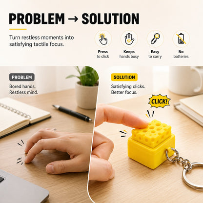 zero2cart cheese fidget clicker keychain being pressed by a finger on a wooden desk for stress relief