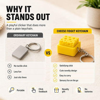 zero2cart cheese fidget keychain comparison chart showing a yellow block toy with satisfying click feedback
