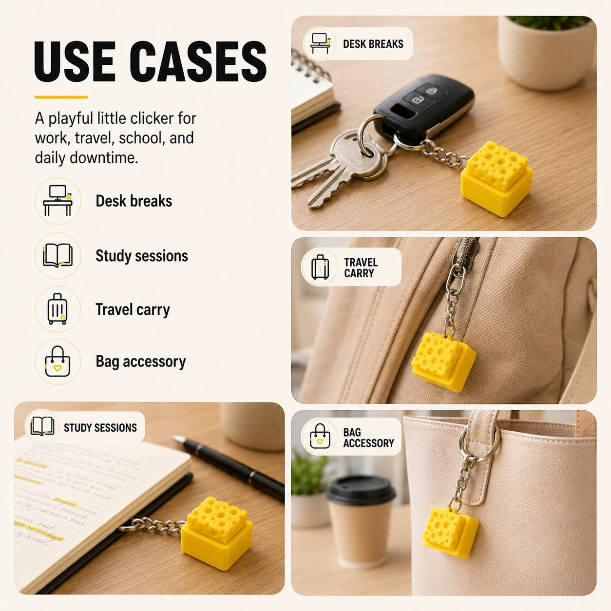 zero2cart yellow cheese-shaped fidget clicker keychain attached to keys, a notebook, and a beige handbag