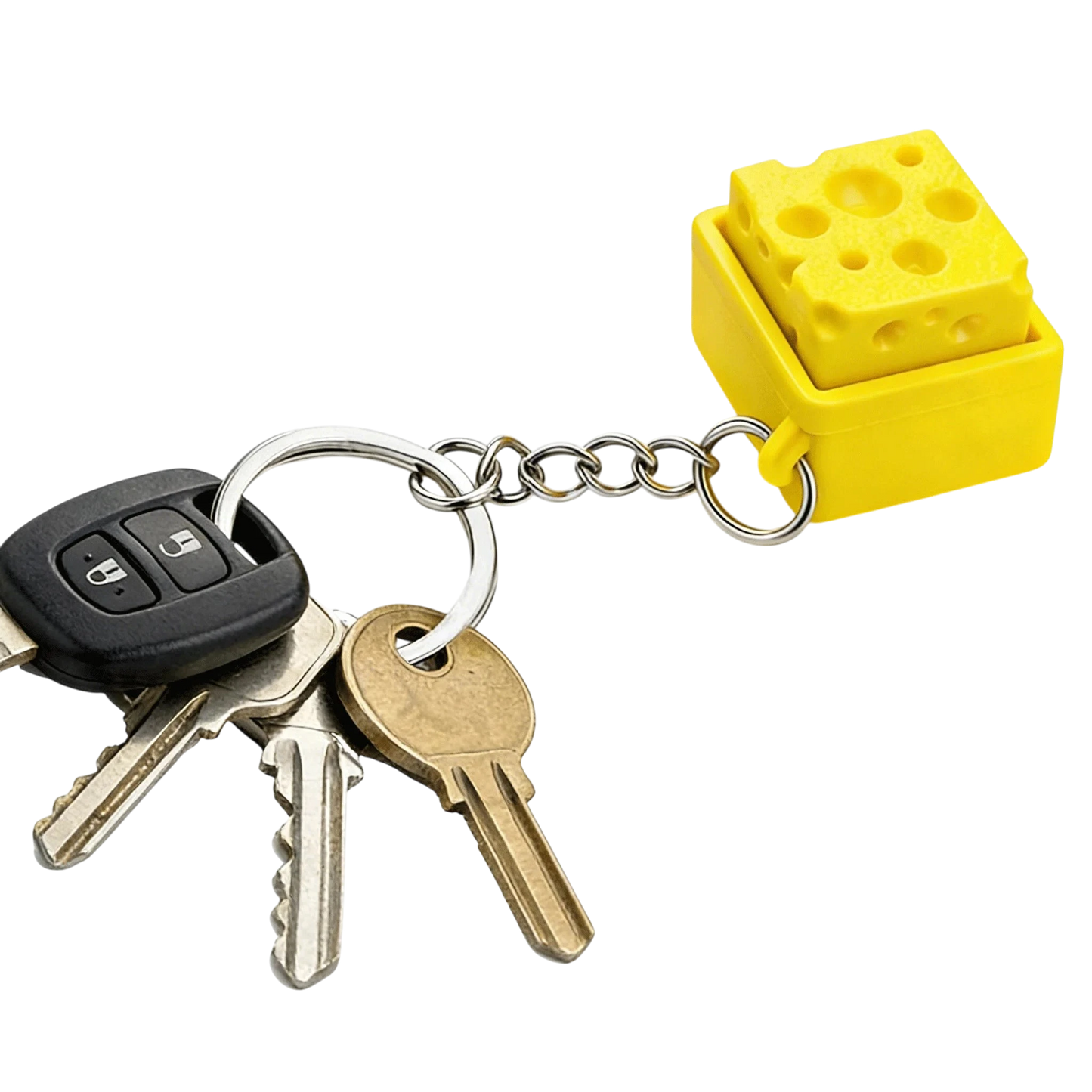 zero2cart yellow cheese-shaped fidget clicker keychain attached to a metal keyring with house and car keys
