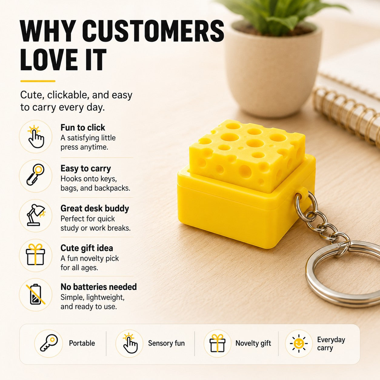 zero2cart yellow cheese-shaped fidget clicker keychain on a wooden desk with infographic text overlay