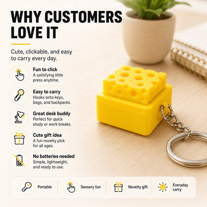 zero2cart yellow cheese-shaped fidget clicker keychain on a wooden desk with infographic text overlay