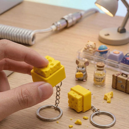 zero2cart yellow cheese fidget clicker keychain with tactile keyboard keycap design on a desk with miniature figures