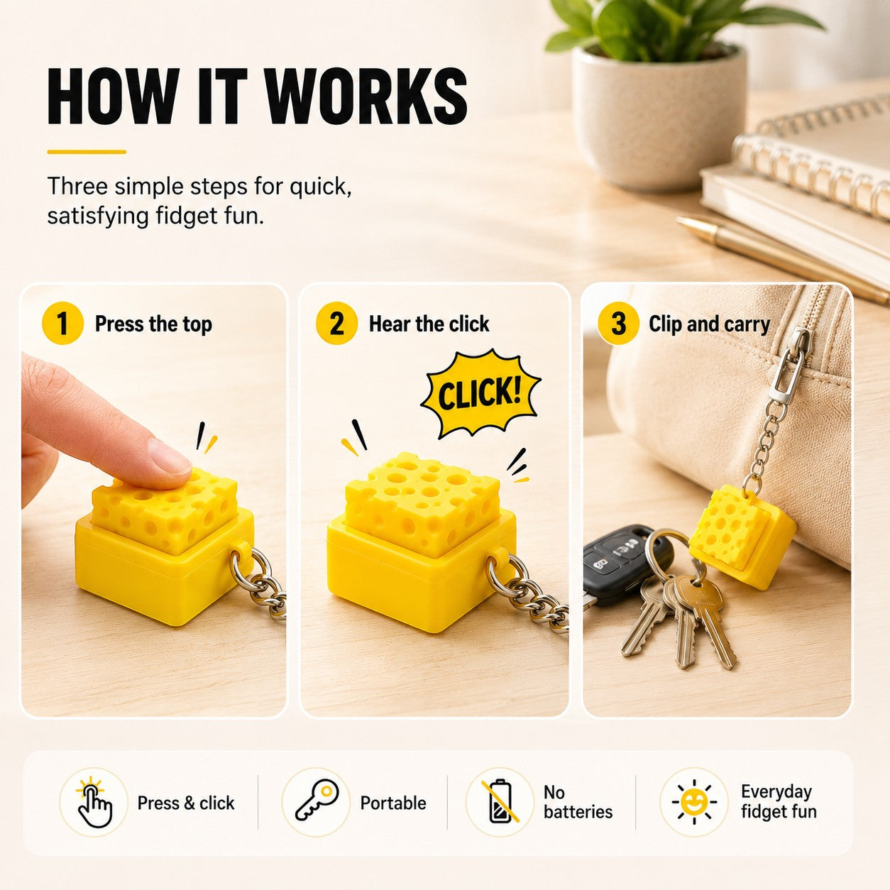 zero2cart yellow cheese-shaped fidget keychain with satisfying click sound, shown attached to keys and a bag.