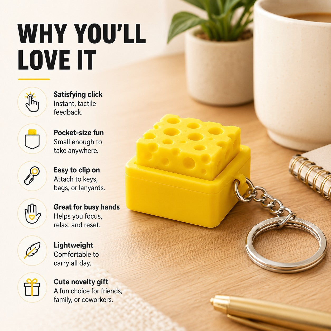 zero2cart yellow cheese-shaped fidget clicker keychain on a wooden desk with infographic text