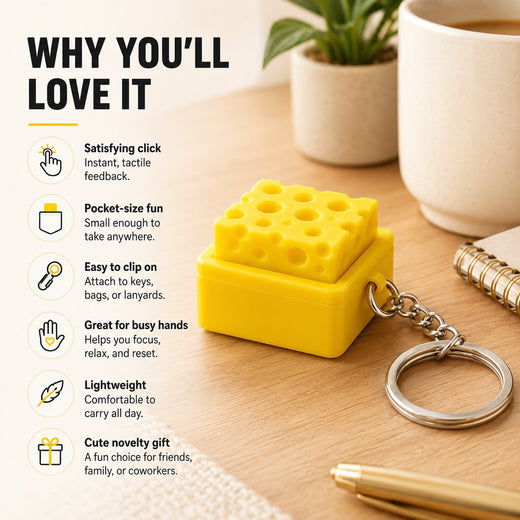 zero2cart yellow cheese-shaped fidget clicker keychain on a wooden desk with infographic text