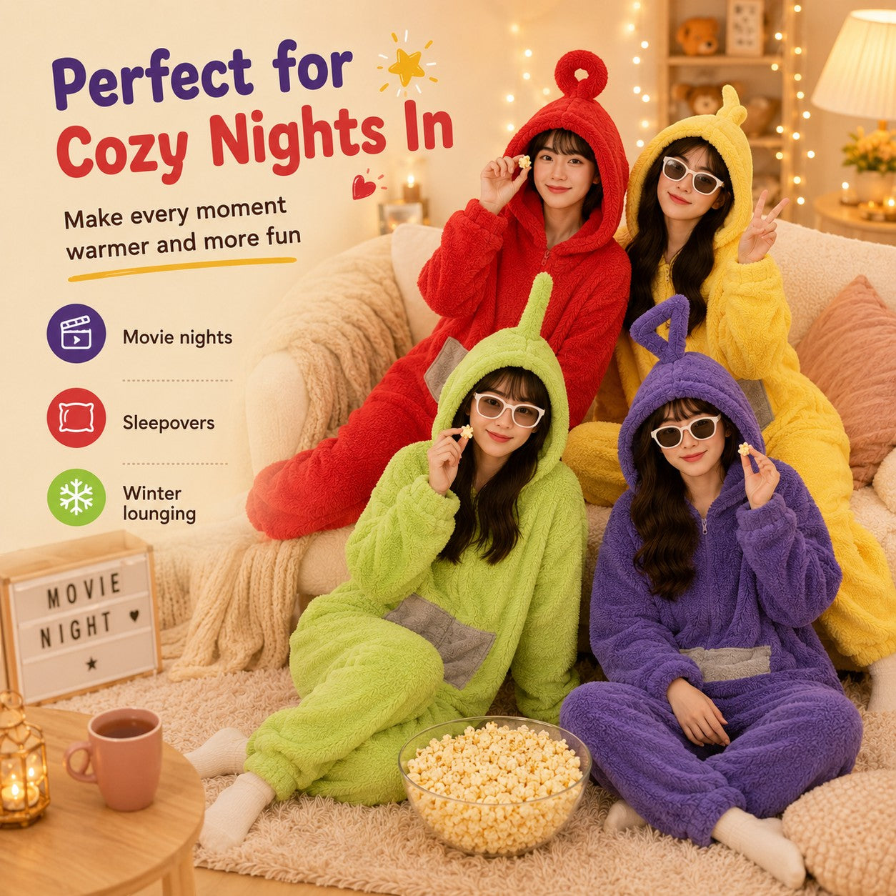 zero2cart group of friends wearing colorful fleece character onesies with hoods for cozy winter movie nights