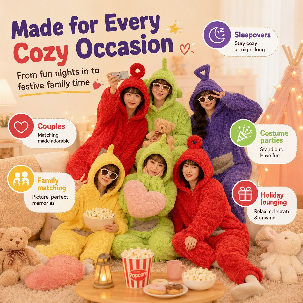 zero2cart group wearing colorful fleece character onesies with hoods for cozy family lounging and costume parties