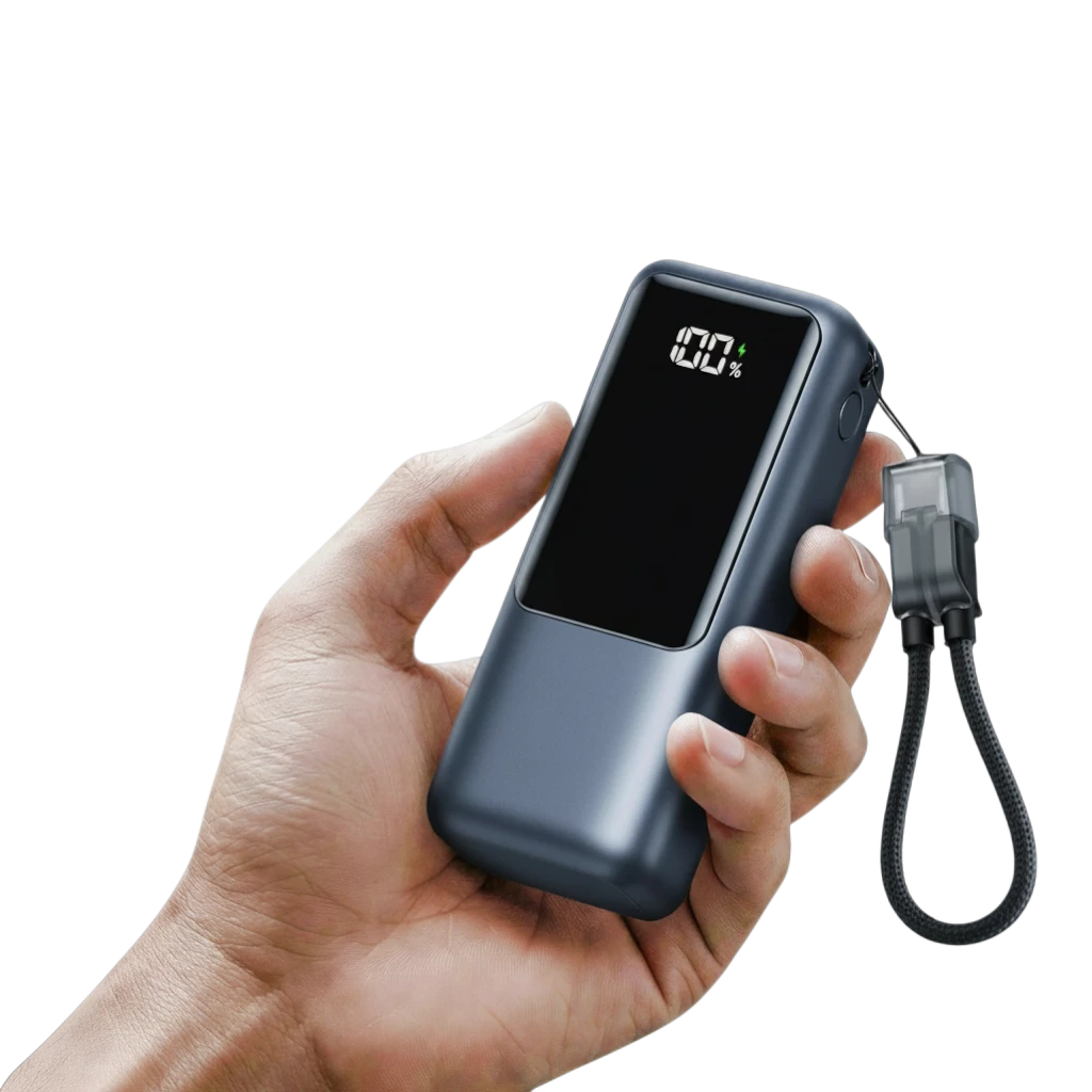 zero2cart compact 10000mAh power bank with digital display and built-in USB-C cable held in hand