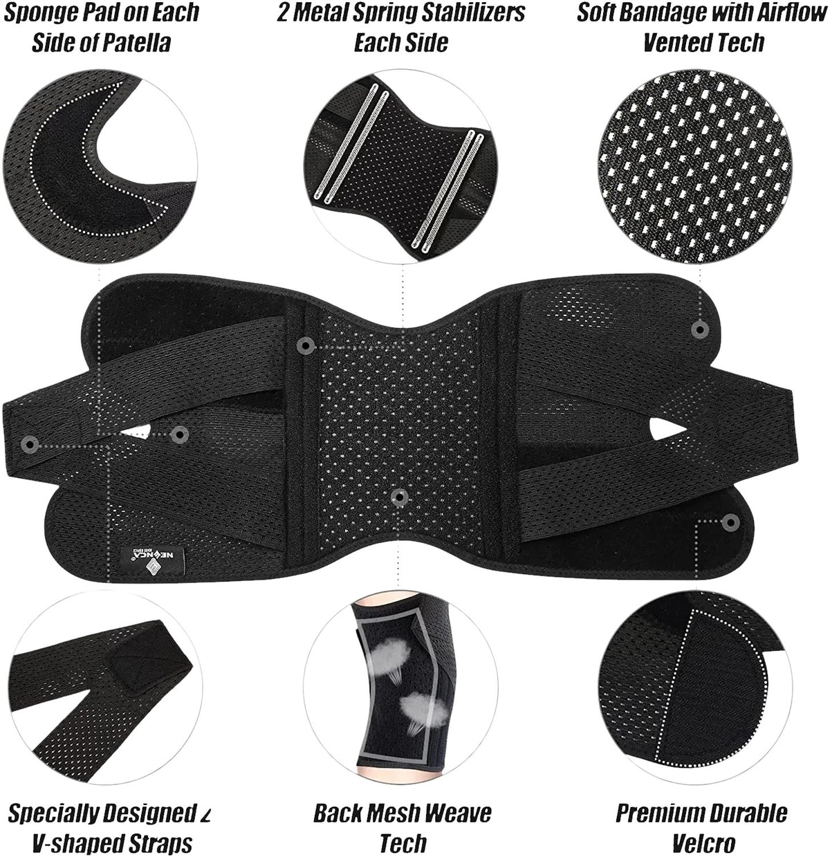 zero2cart black compression knee brace with side stabilizers, open-patella design, and adjustable V-shaped straps.