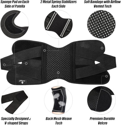 zero2cart black compression knee brace with side stabilizers, open-patella design, and adjustable V-shaped straps.