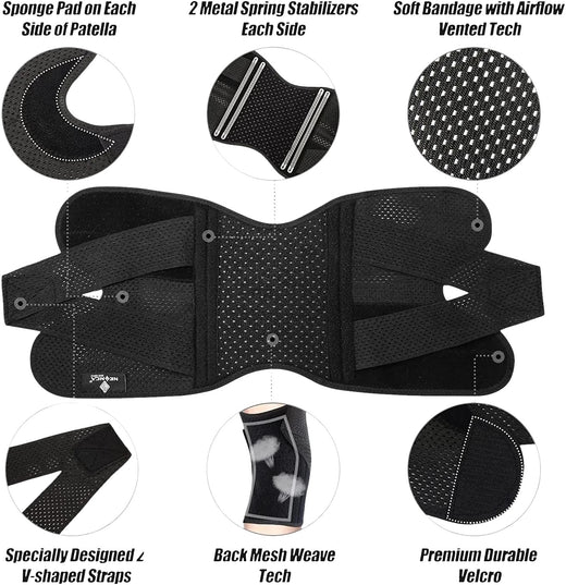 zero2cart black compression knee brace with side stabilizers, open-patella design, and adjustable V-shaped straps.