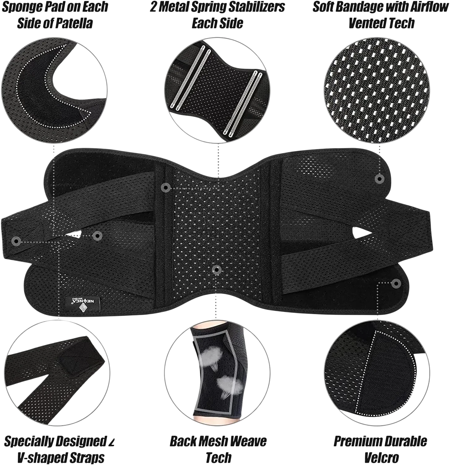 zero2cart black compression knee brace with side stabilizers, open-patella design, and adjustable V-shaped straps.