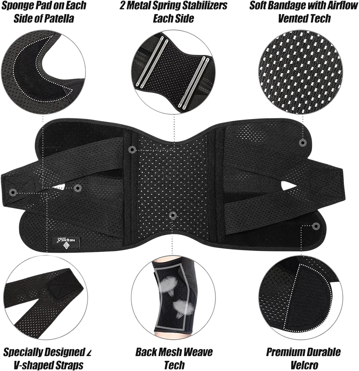 zero2cart black compression knee brace with side stabilizers, open-patella design, and adjustable V-shaped straps.