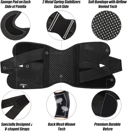 zero2cart black compression knee brace with side stabilizers, open-patella design, and adjustable V-shaped straps.