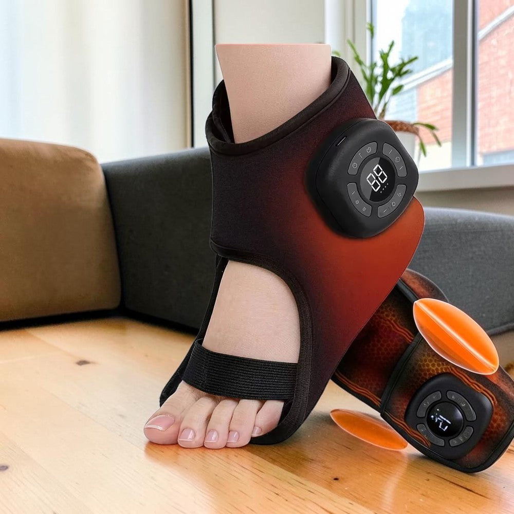zero2cart black wearable foot and ankle massager with heating, vibration, and air compression features on a foot.