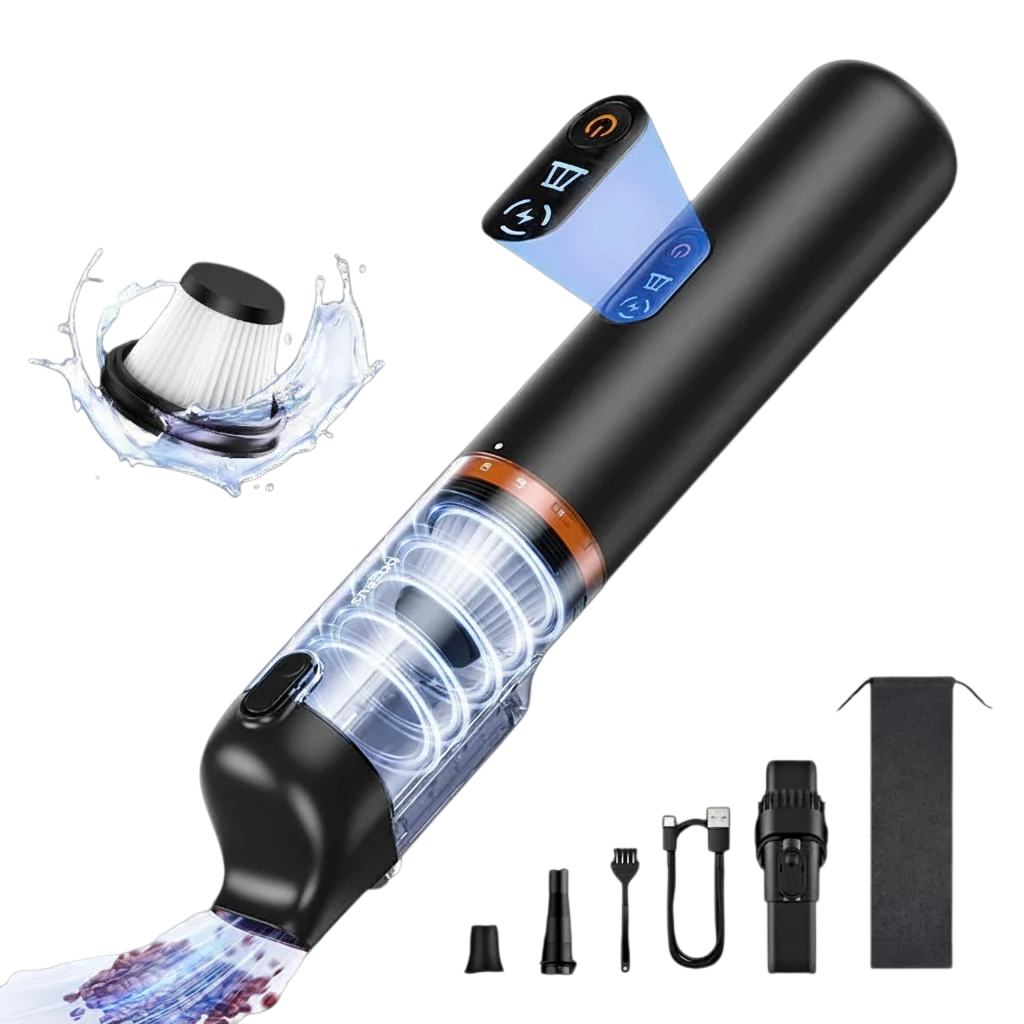 zero2cart black cordless handheld car vacuum with cyclone technology, attachments, and USB-C charging cable