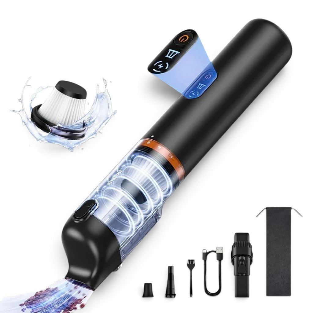 zero2cart black cordless handheld car vacuum with cyclone technology, attachments, and USB-C charging cable