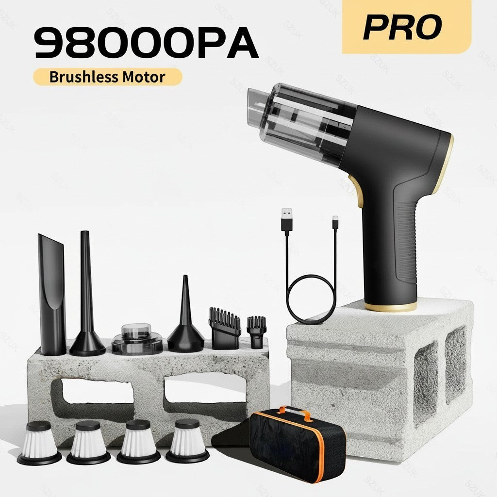 zero2cart cordless handheld car vacuum with brushless motor, multiple attachments, and Type-C charging cable.
