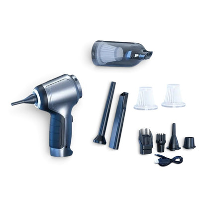 zero2cart cordless handheld car vacuum in silver gray with multiple nozzle attachments, filters, and USB cable.