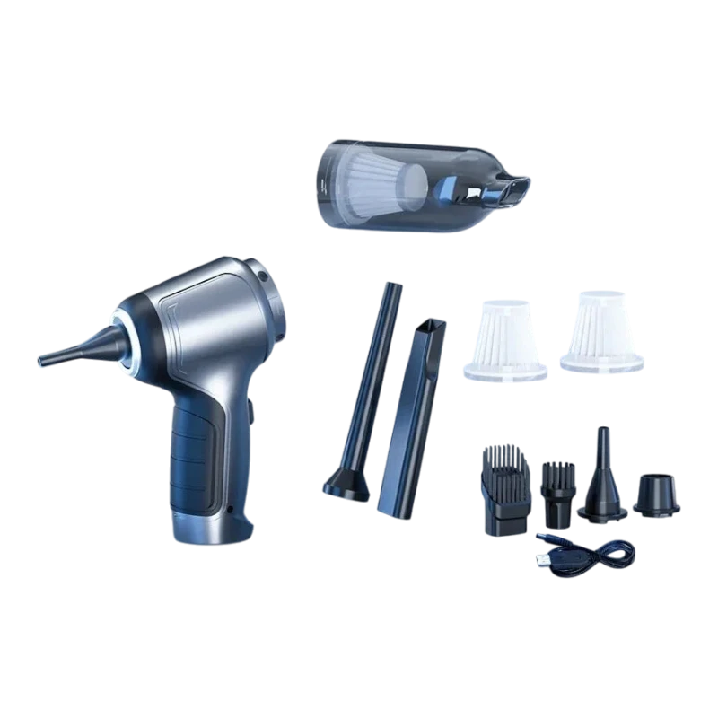 zero2cart cordless handheld car vacuum in silver gray with multiple nozzle attachments, filters, and USB cable.