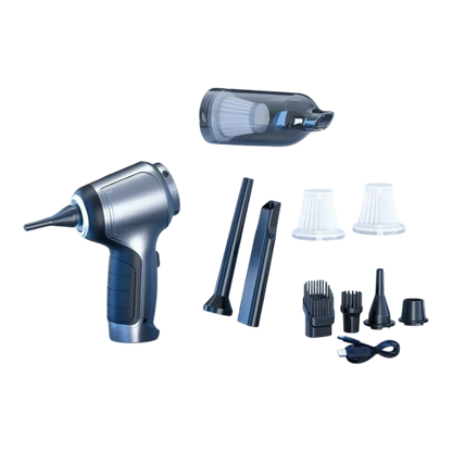 zero2cart cordless handheld car vacuum in silver gray with multiple nozzle attachments, filters, and USB cable.