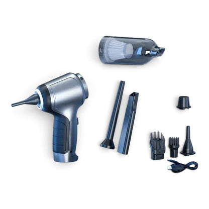 zero2cart cordless handheld car vacuum in silver gray with multiple nozzle attachments and USB charging cable