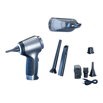 zero2cart cordless handheld car vacuum in silver gray with multiple nozzle attachments and USB charging cable
