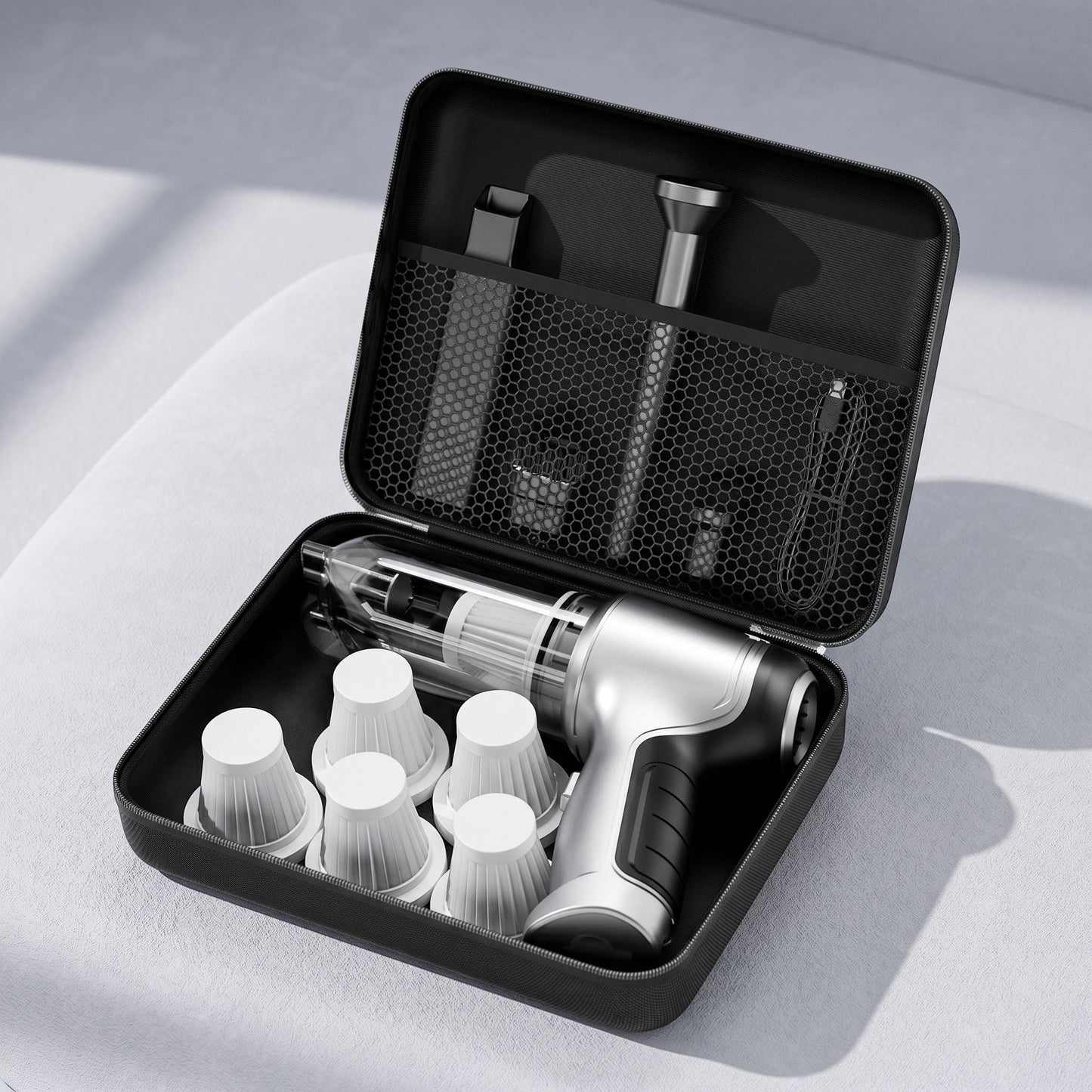zero2cart cordless handheld car vacuum in a black storage case with multiple nozzle attachments and replacement filters