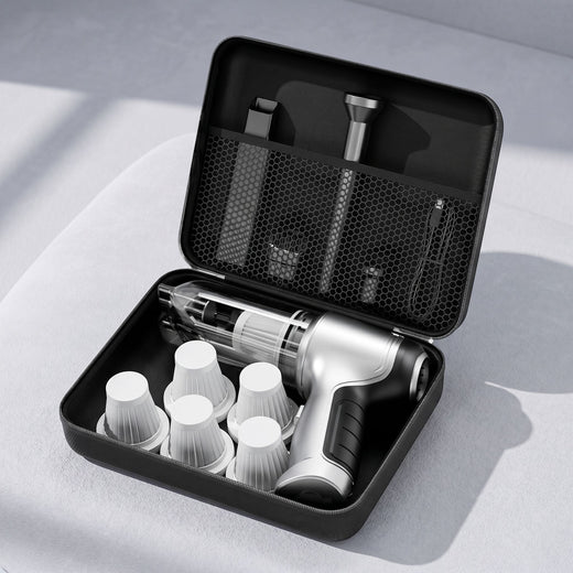 zero2cart cordless handheld car vacuum in a black storage case with multiple nozzle attachments and replacement filters
