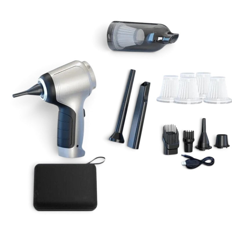 zero2cart cordless handheld car vacuum in silver with multiple nozzle attachments, filters, and a storage case.