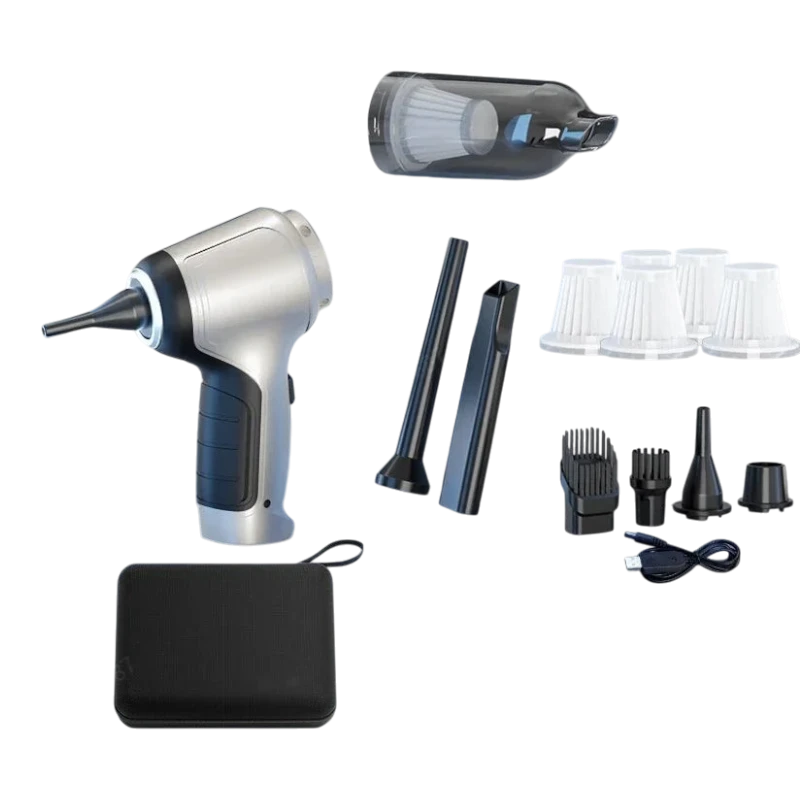 zero2cart cordless handheld car vacuum in silver with multiple nozzle attachments, filters, and a storage case.