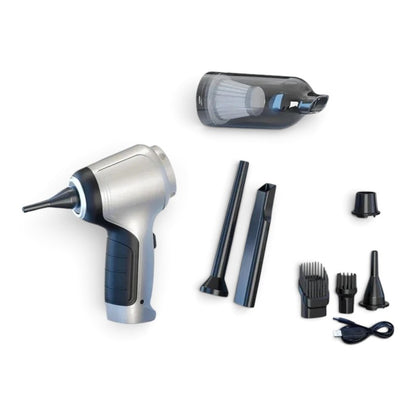 zero2cart cordless handheld car vacuum in silver and black with multiple nozzle attachments and USB charging cable