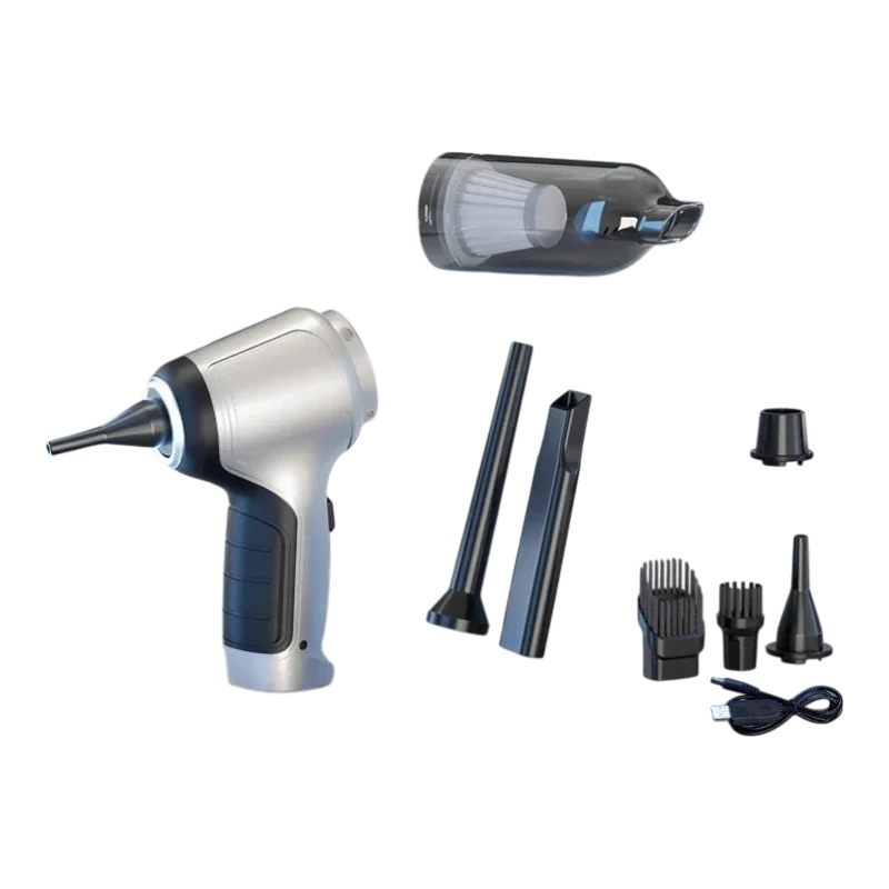 zero2cart cordless handheld car vacuum in silver and black with multiple nozzle attachments and USB charging cable