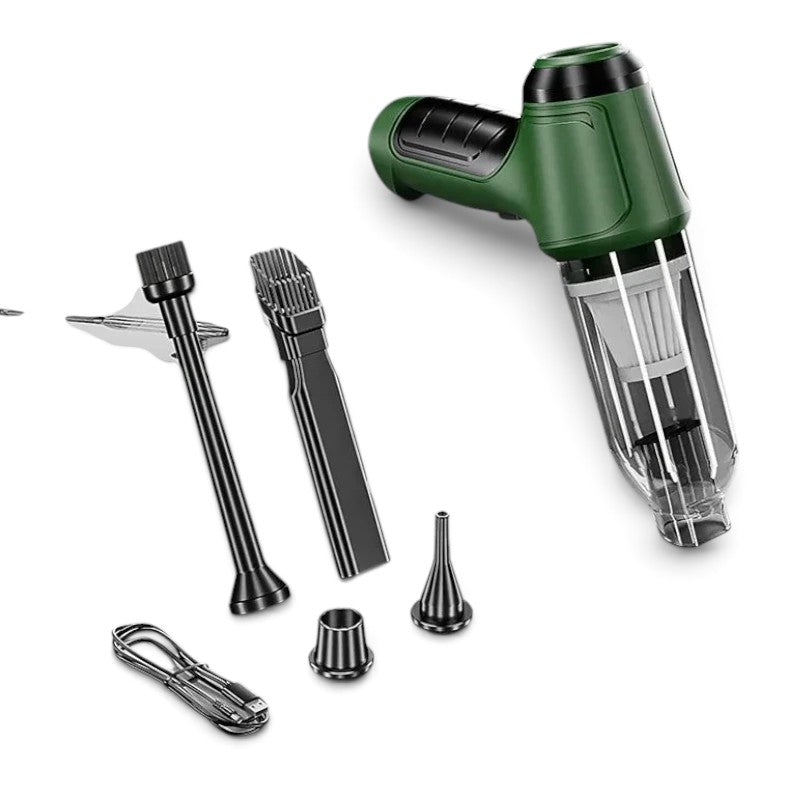 zero2cart cordless handheld vacuum in dark green with multiple nozzle attachments and USB charging cable