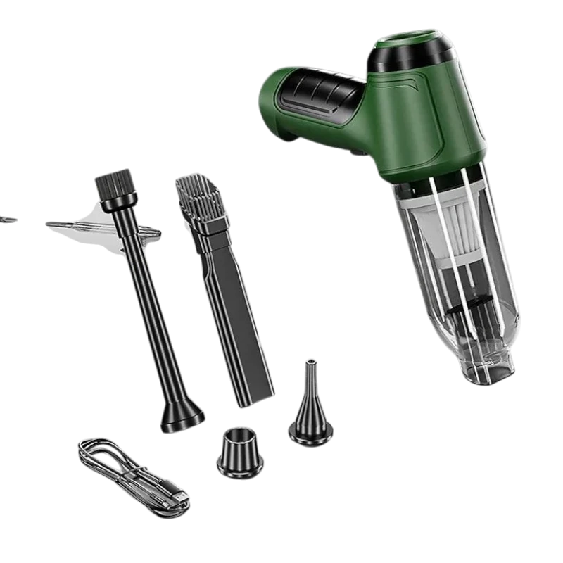 zero2cart cordless handheld vacuum in dark green with multiple nozzle attachments and USB charging cable
