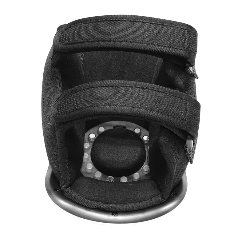 zero2cart cordless knee massager in black with adjustable velcro straps and internal vibration nodes for relief