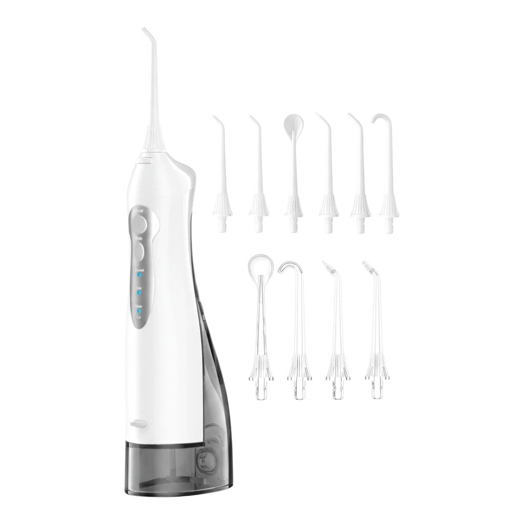 zero2cart portable cordless water flosser with white body, 300ml tank, and multiple interchangeable cleaning nozzles.