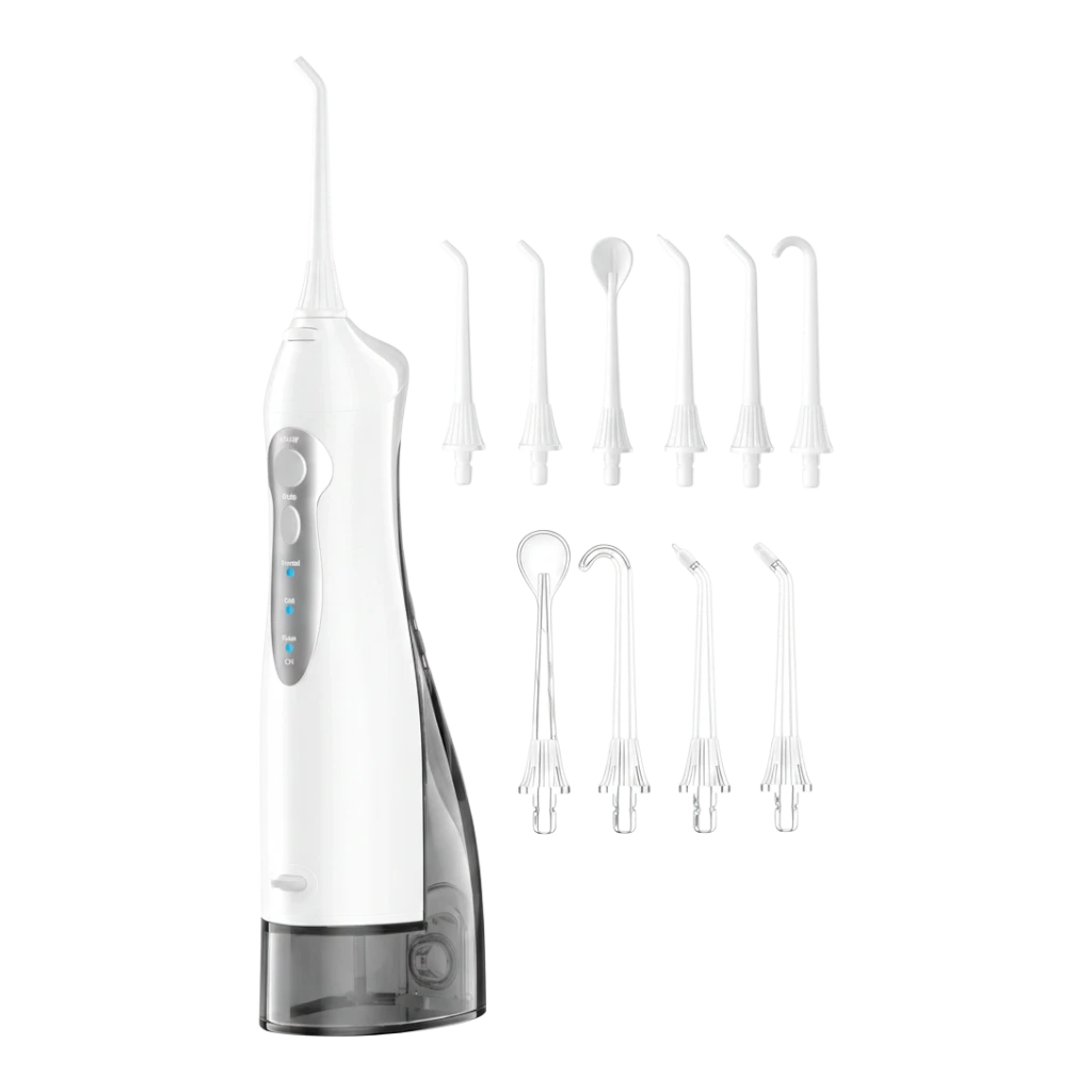 zero2cart portable cordless water flosser with white body, 300ml tank, and multiple interchangeable cleaning nozzles.