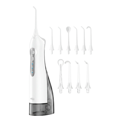 zero2cart portable cordless water flosser with white body, 300ml tank, and multiple interchangeable cleaning nozzles.