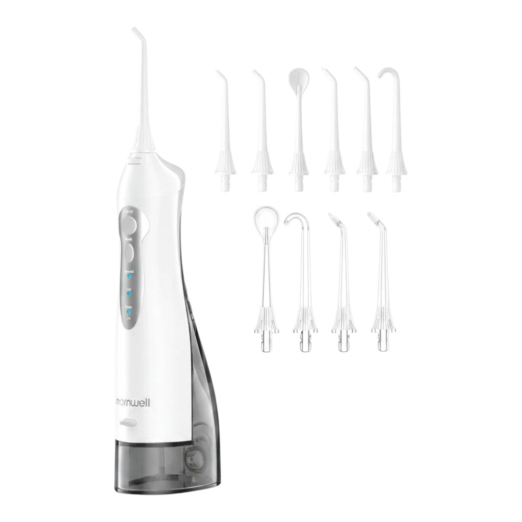 zero2cart portable cordless water flosser in white with multiple interchangeable nozzles for oral care