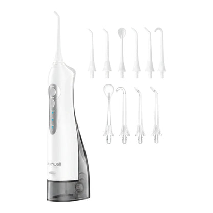 zero2cart portable cordless water flosser in white with multiple interchangeable nozzles for oral care