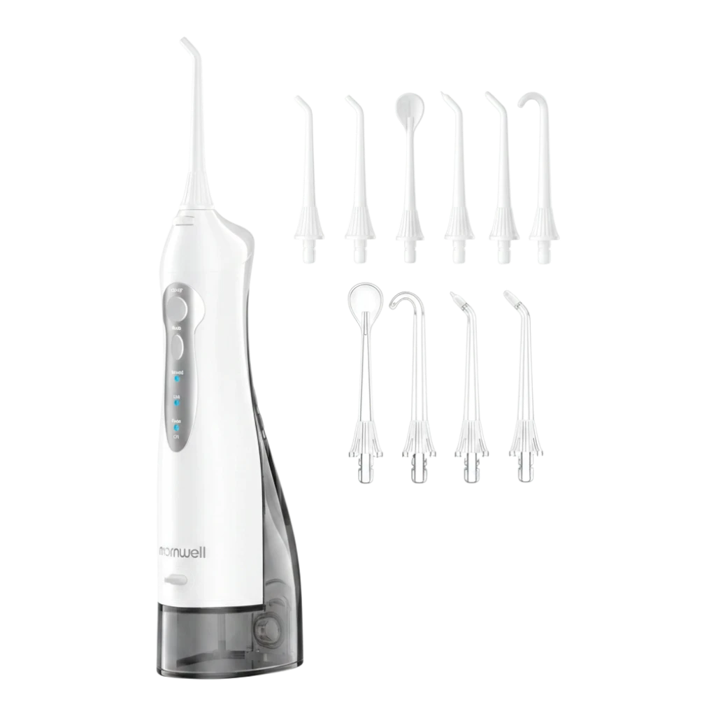 zero2cart portable cordless water flosser in white with multiple interchangeable nozzles for oral care