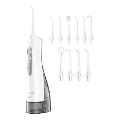 zero2cart portable cordless water flosser in white with multiple interchangeable nozzles for oral care
